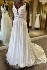 V Neck and V Back White Lace Long Prom Dresses, White Lace Wedding Dresses, Long White Formal Evening Dresses